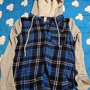 No Boundaries Blue and Black Plaid Hooded Jacket with Gray Sleeves